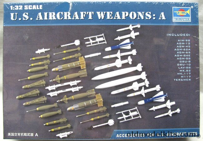 Trumpeter 1/32 US Aircraft Weapons Set A - AIM-9B / AGM-12 / AGM-45 / AGM-62A / AGM-65 / AGM-84E / AGM-88 / GBU-8 / GBU-10 / LAV-88 / Mk.82 / Mk.117 / M117 / TER and MER, 03302 plastic model kit